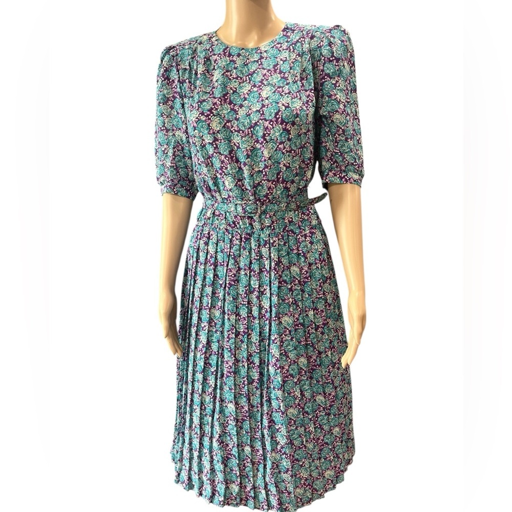 Cottagecore collegiate modesty accordion floral 80’s belted dress 7/8